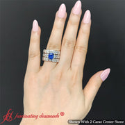 Emerald Cut Blue Sapphire Hidden Halo Diamond Bridal Set